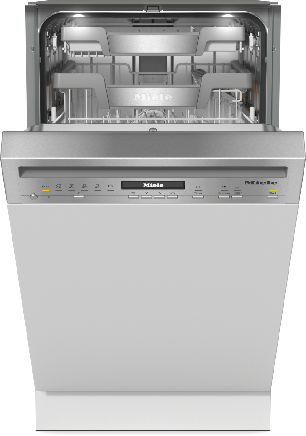 Ein offener Miele-Geschirrspüler mit sichtbaren Innendetails und Bedienfeld, vor dunklem Hintergrund.