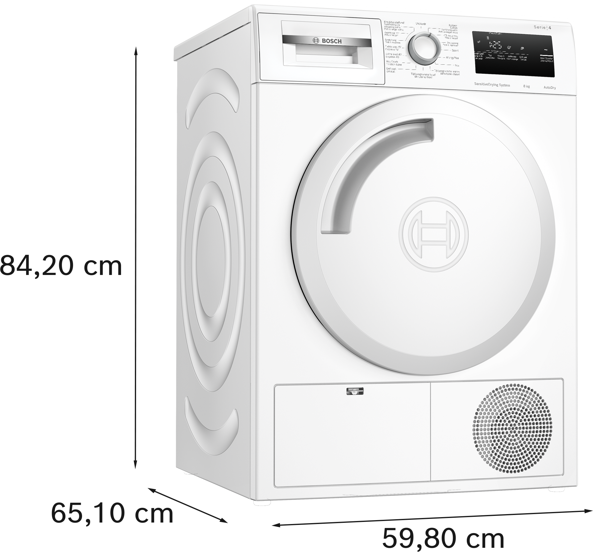 Sèche-linge Bosch blanc avec une porte ronde, sur fond noir.