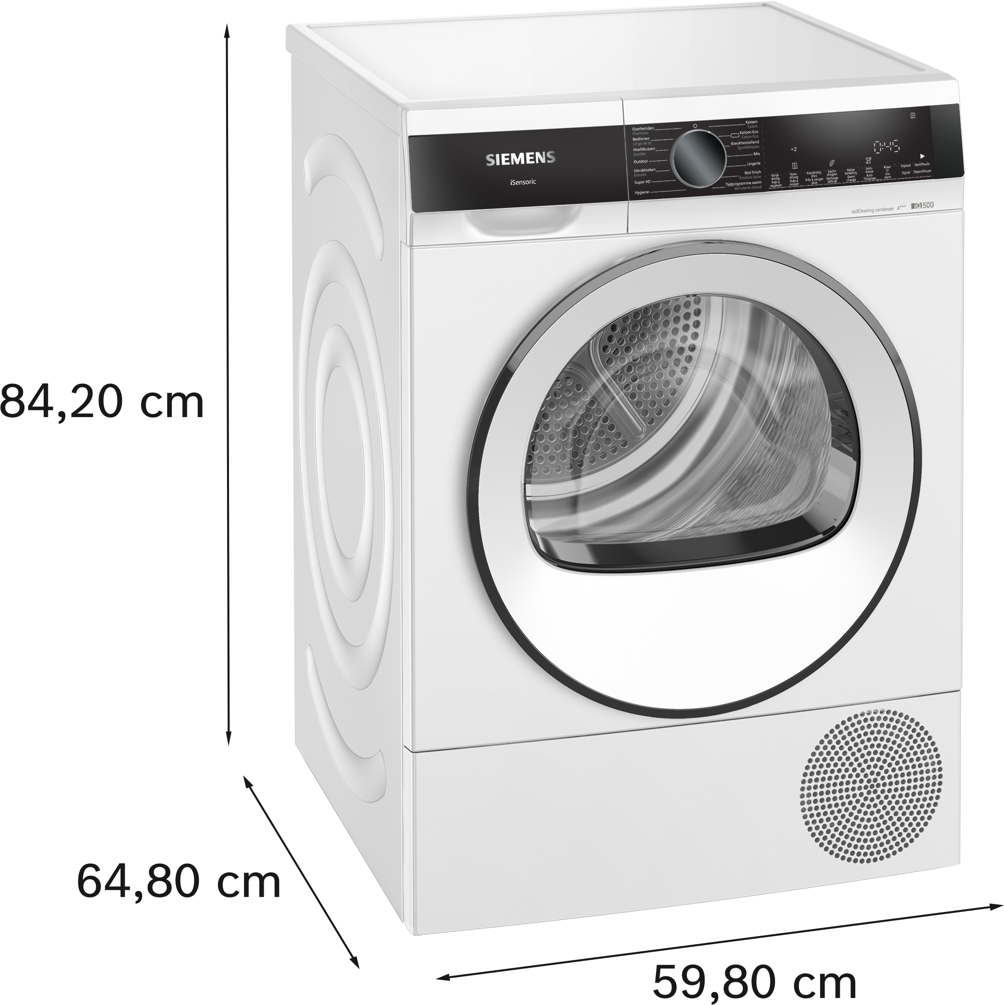 A white Siemens dryer with a circular door, on a black surface.