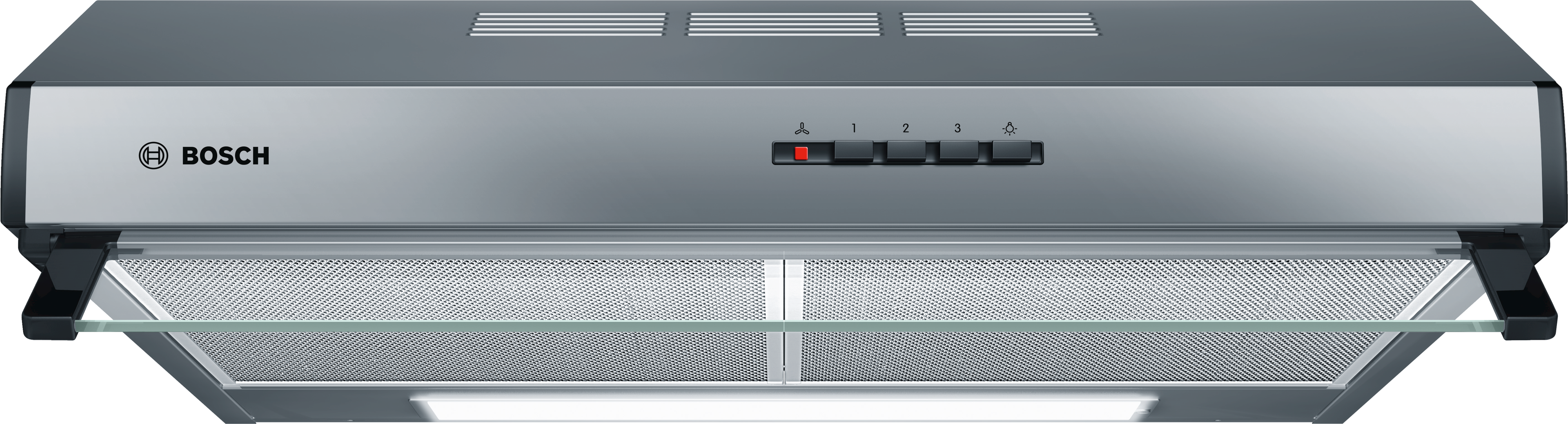 Silberne Dunstabzugshaube mit Bosch-Logo und Bedienfeld.