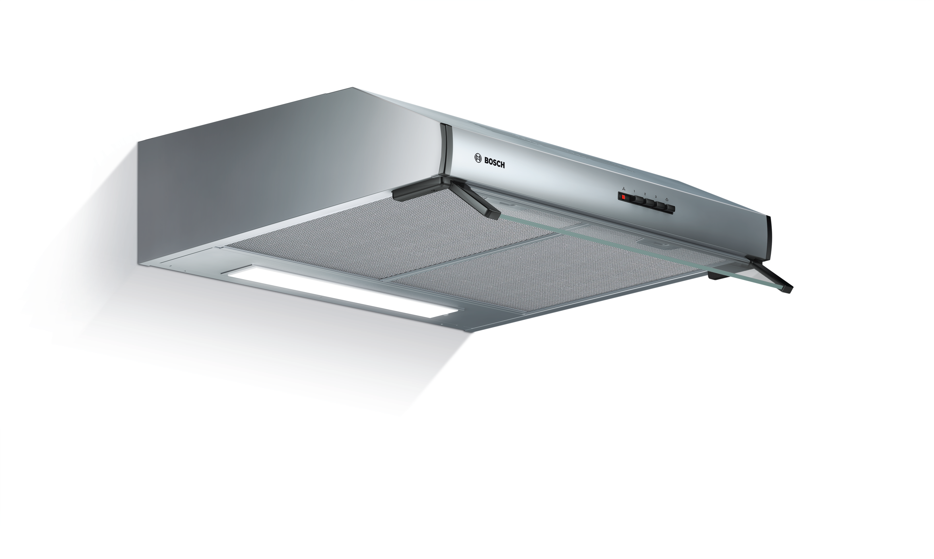 Edelstahl-Dunstabzugshaube mit Glasfront und Lichtern. Mit Bosch-Logo und Steuertasten.