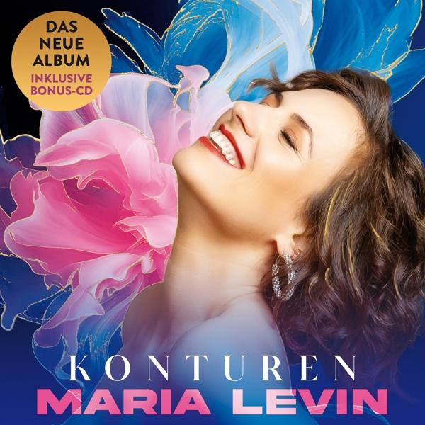 Albumcover: Frau lächelt mit rosa-blauem floralen Hintergrund, Text: Maria Levin.