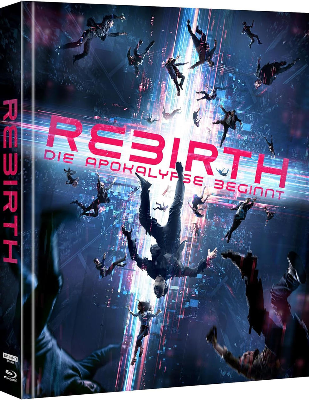Rebirth-Filmcover mit stürzenden Figuren und Neonlinien.