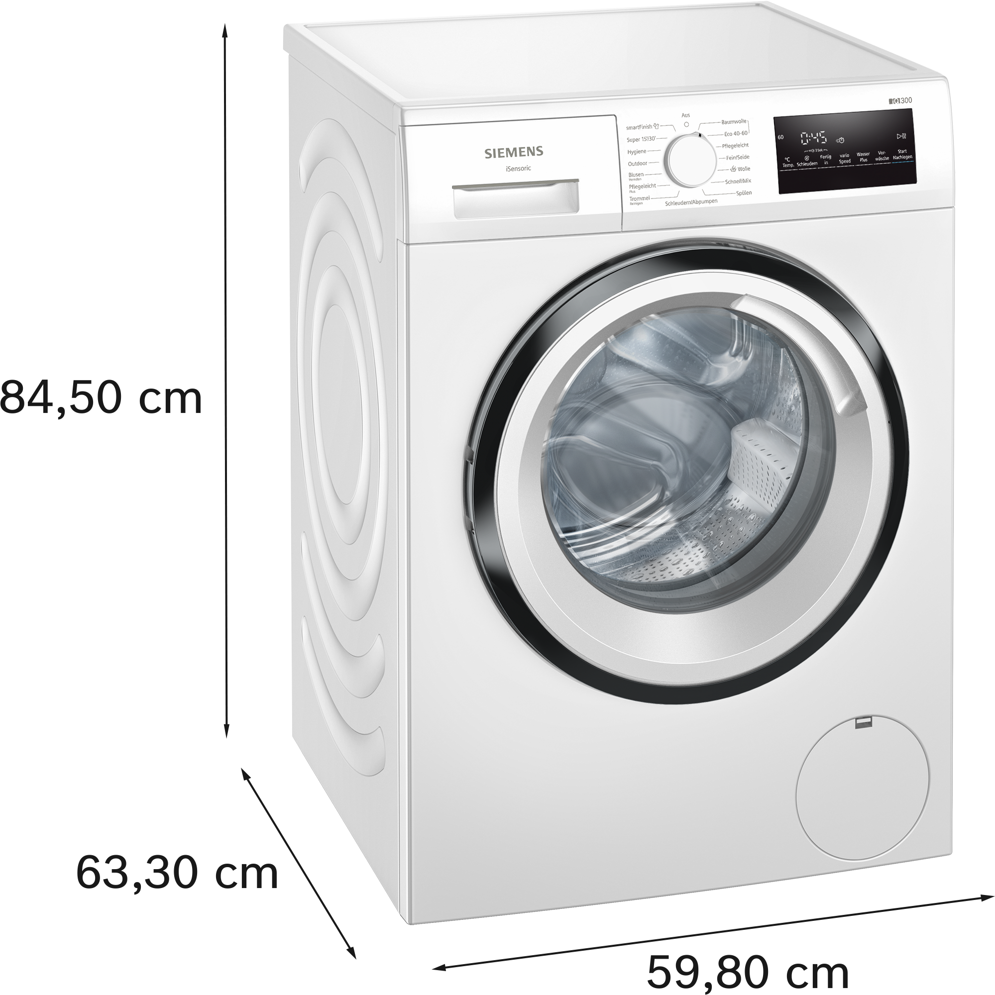 Weiße Siemens Waschmaschine mit schwarzer Tür, schräg auf weißem Hintergrund.