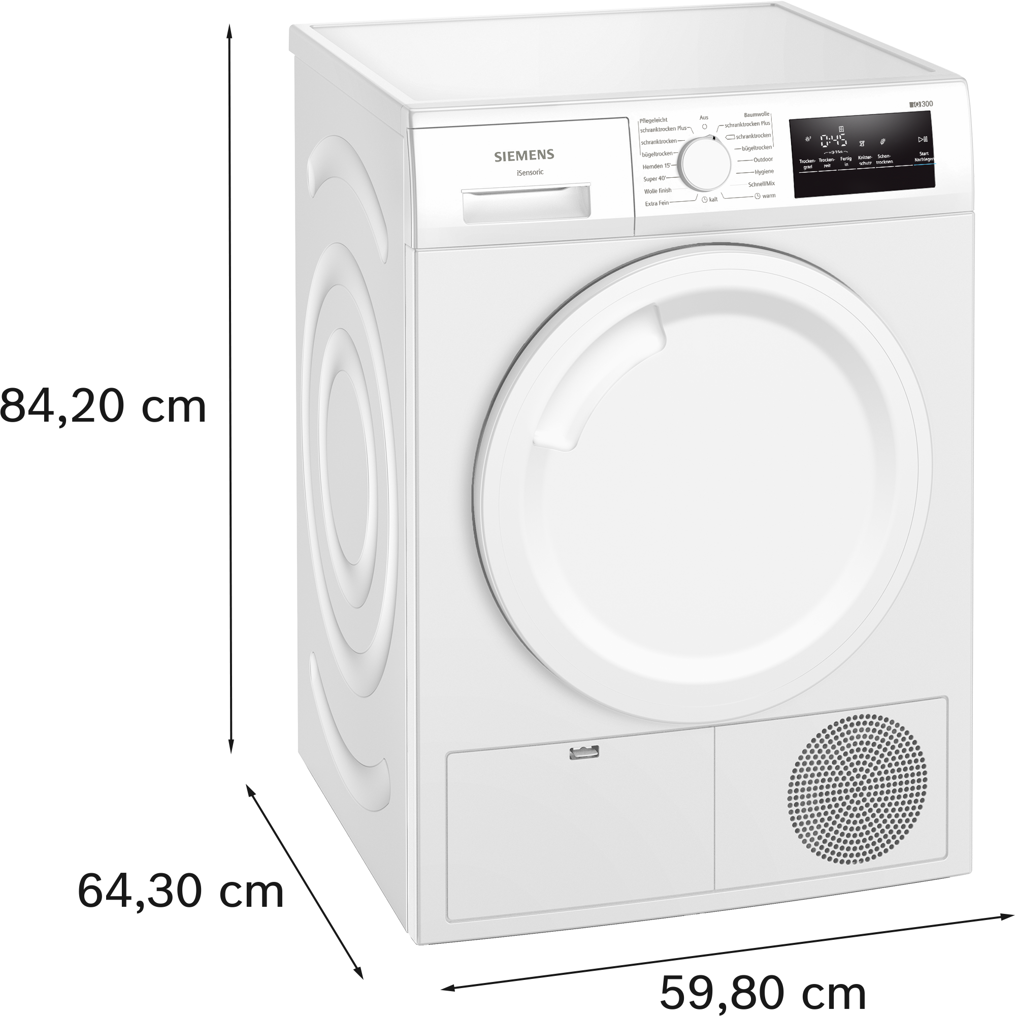 Weißer Siemens Trockner. Vorderansicht. Bedienfeld oben. Schwarzer Hintergrund. Einfaches und sauberes Design.