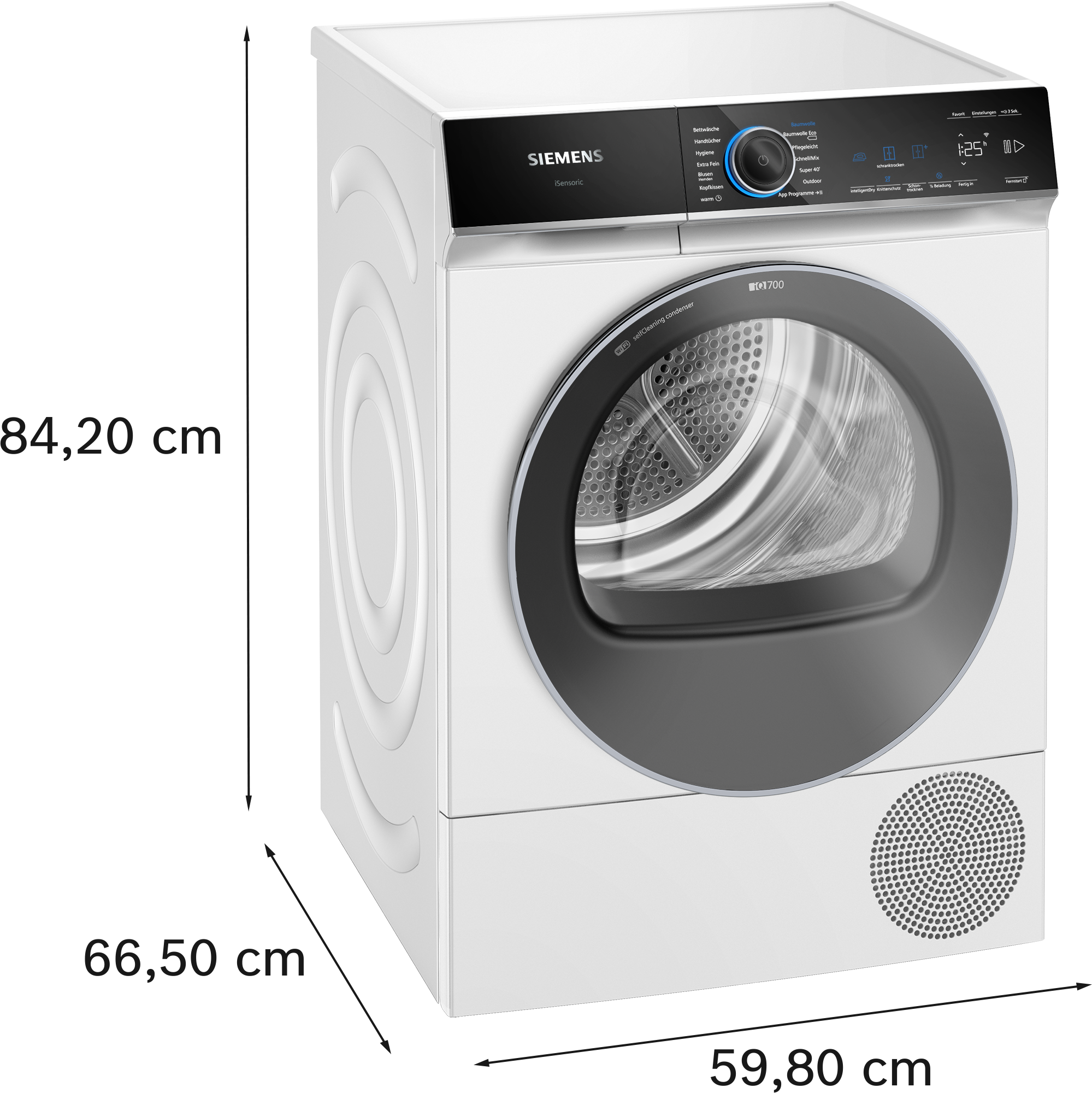 Weißer Siemens Trockner, mit schwarzem Oberteil und Bedienschnittstelle.