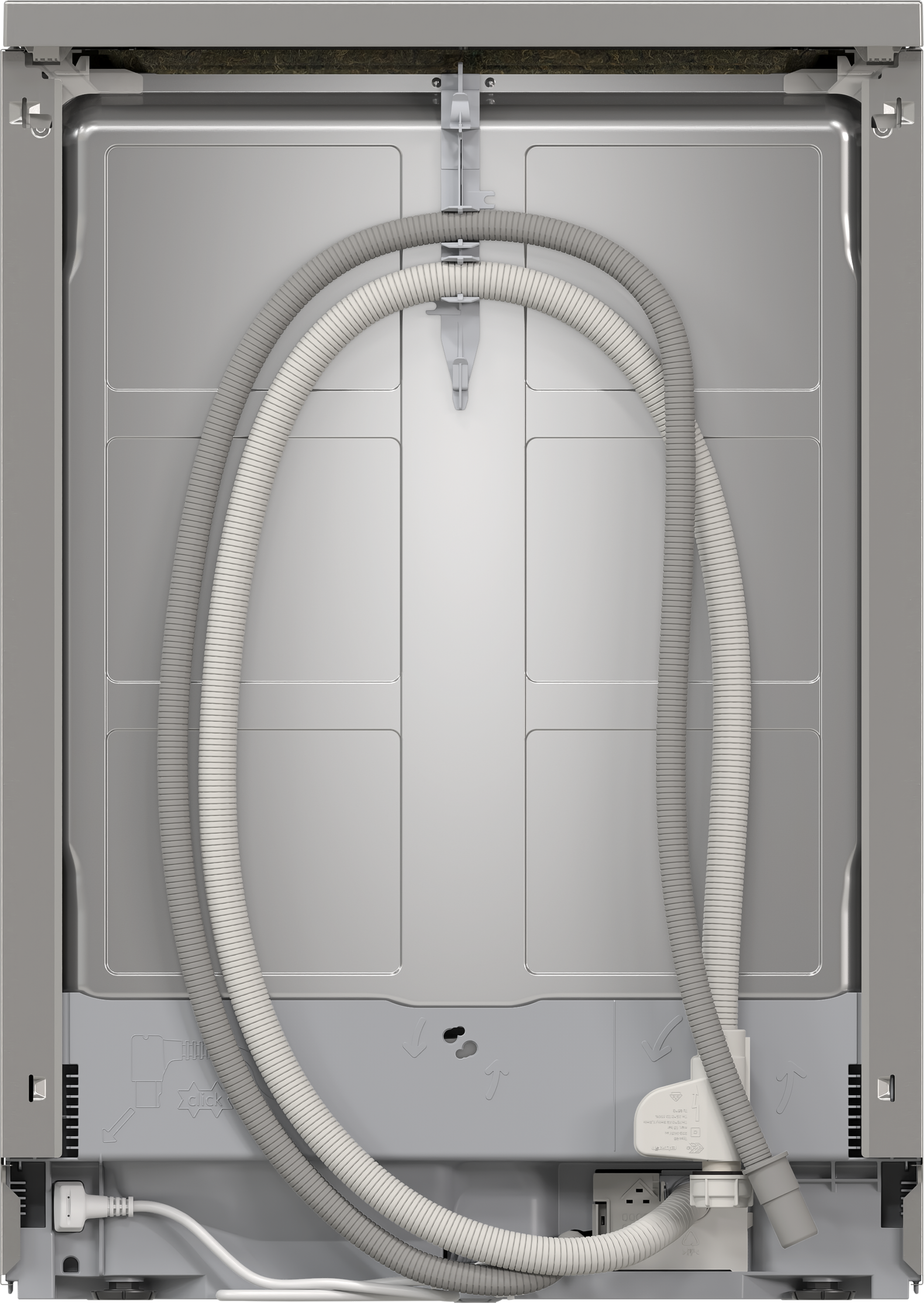 Rückseite eines Geschirrspülers mit Schläuchen und Kabeln.