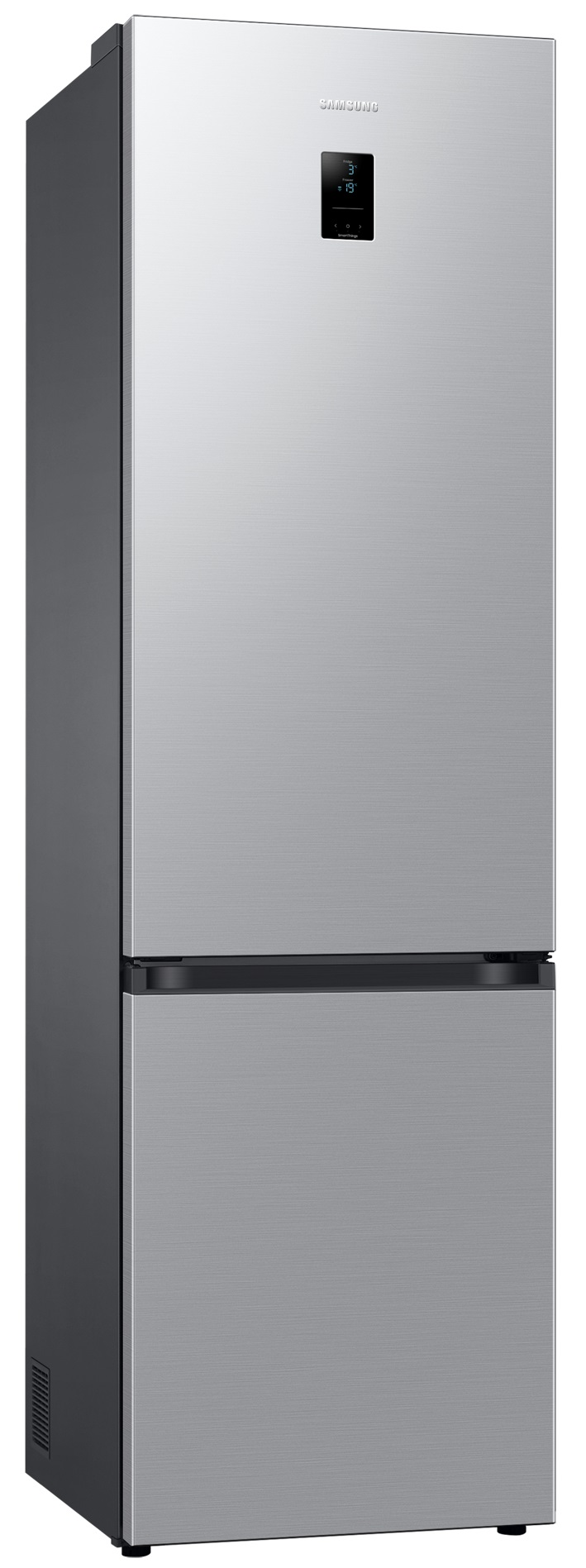 Srebrna lodówka Samsung na białym tle, model dwudrzwiowy.