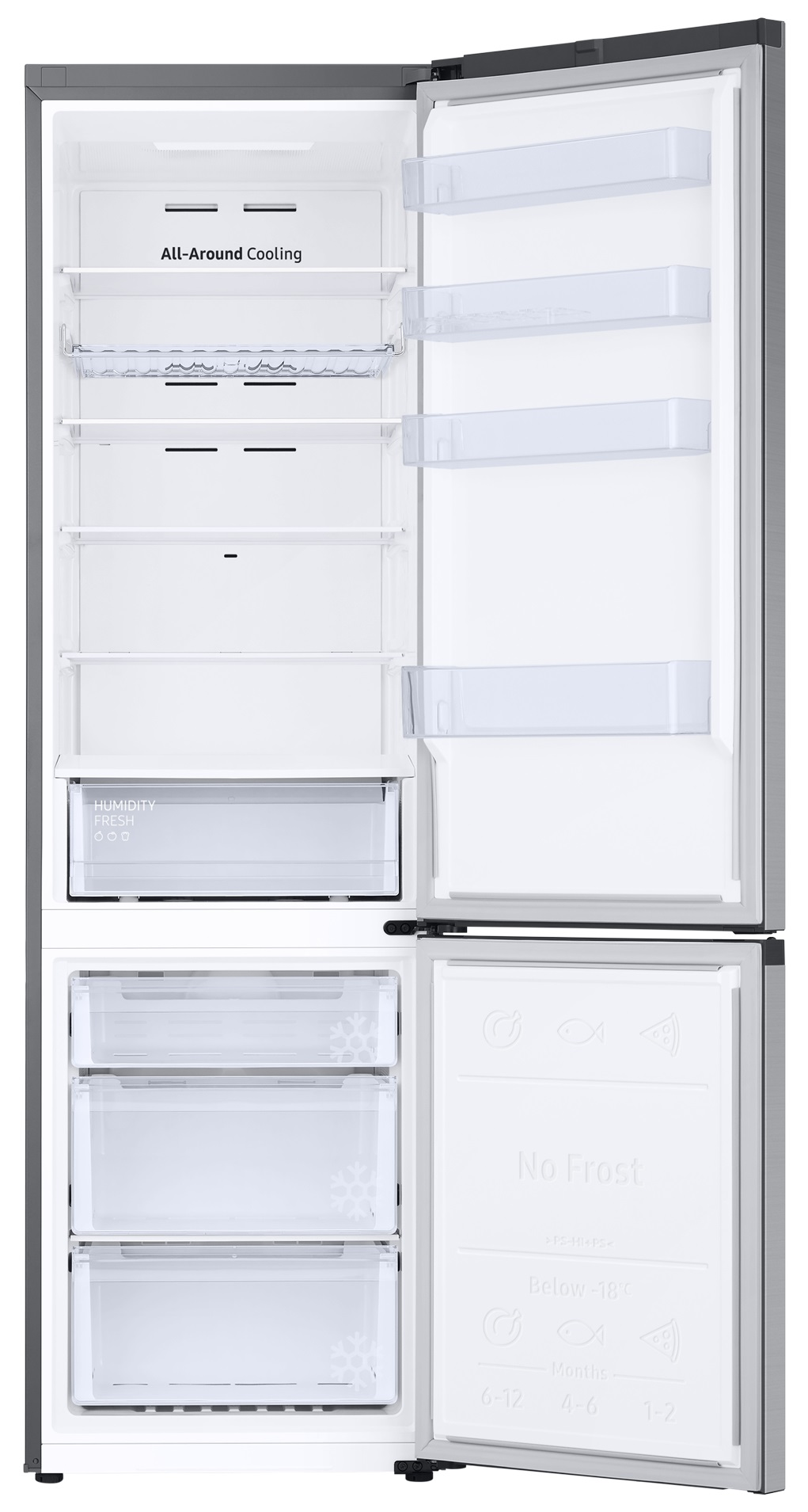 Otwarta lodówka z półkami i szufladami, pokazująca wnętrze. Biały i szary wygląd. Drzwi otwarte w prawo.