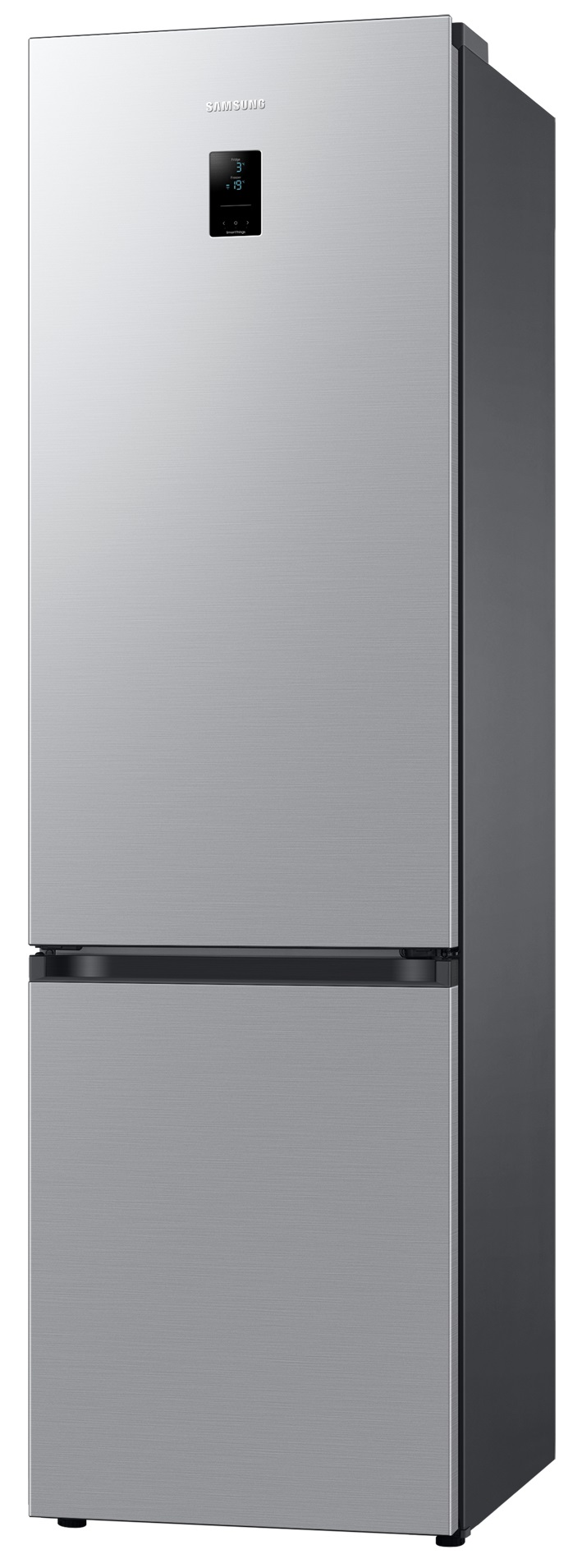 Srebrna lodówka z czarnymi drzwiami. Ekran jest czarny z cyfrowym zegarem.