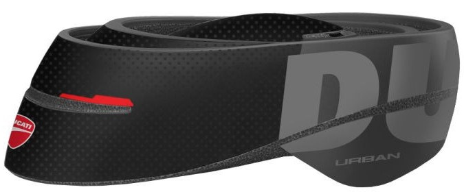 Czarny kask rowerowy Ducati Urban, czerwony akcent, szare logo 'DUCATI'. Widok z boku.
