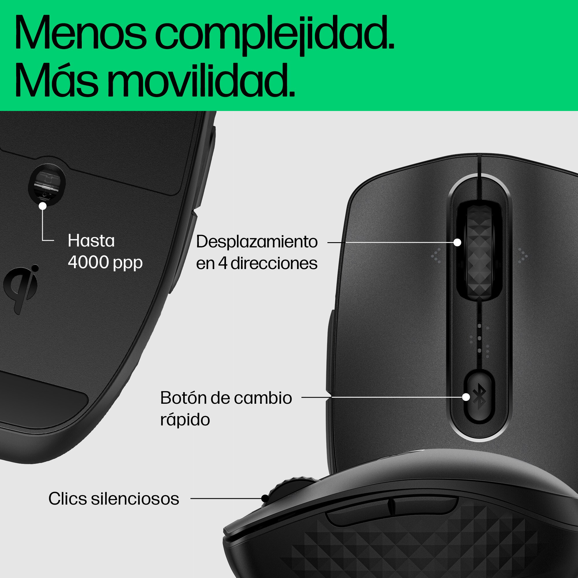 Ratón de ordenador negro con etiquetas que señalan las funciones.