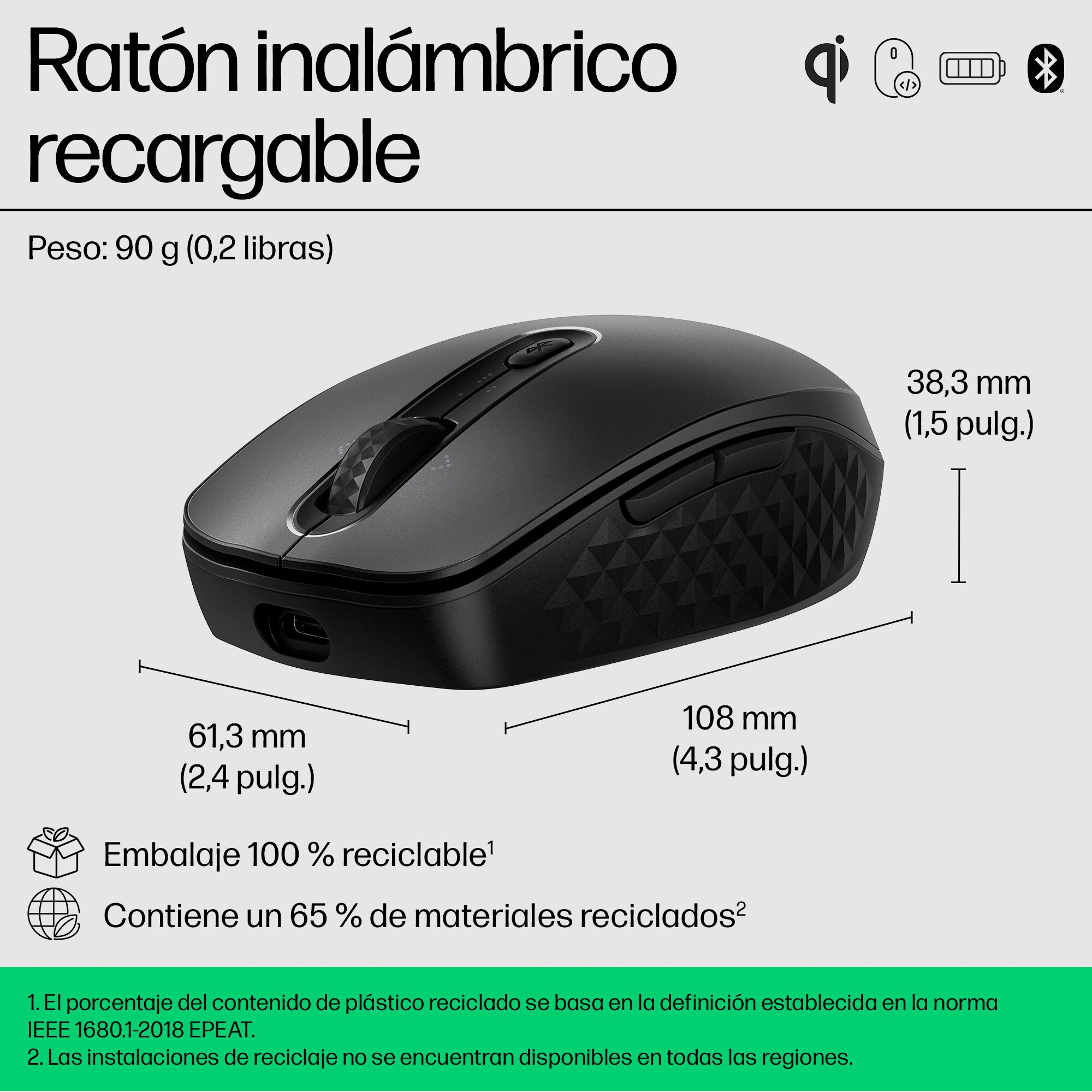 Ratón inalámbrico recargable negro con dimensiones y texto en español sobre fondo blanco.