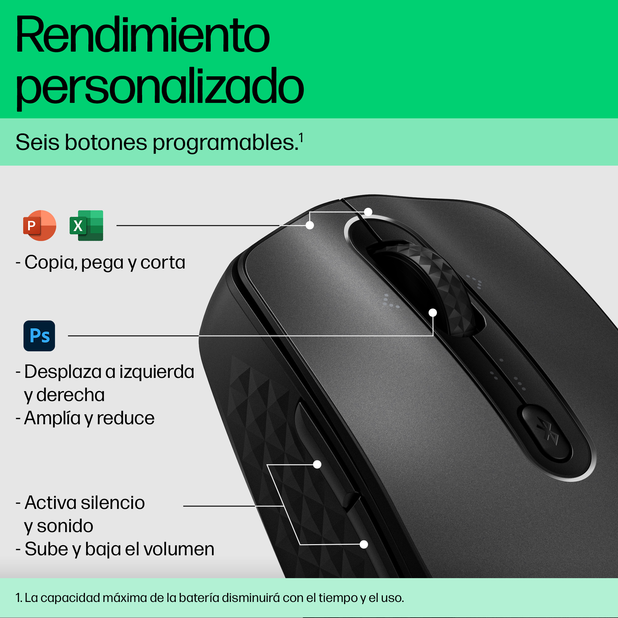 Primer plano de un ratón negro sobre una superficie blanca con texto y diagramas.