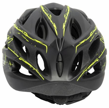 Czarny kask rowerowy z żółtymi plamami, widok z tyłu.