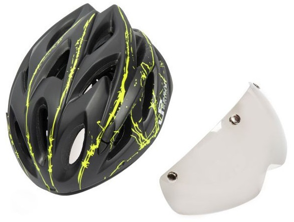 Czarny kask rowerowy z żółtymi plamami, odłączony daszek, widok z boku.