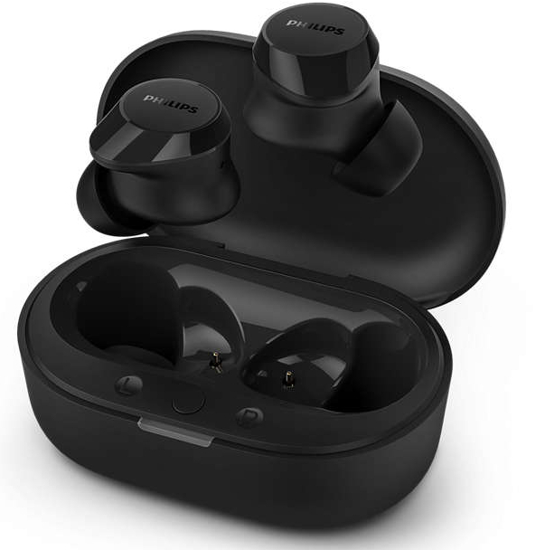 Czarne bezprzewodowe słuchawki Philips i etui ładujące. Słuchawki są w etui i poza nim.