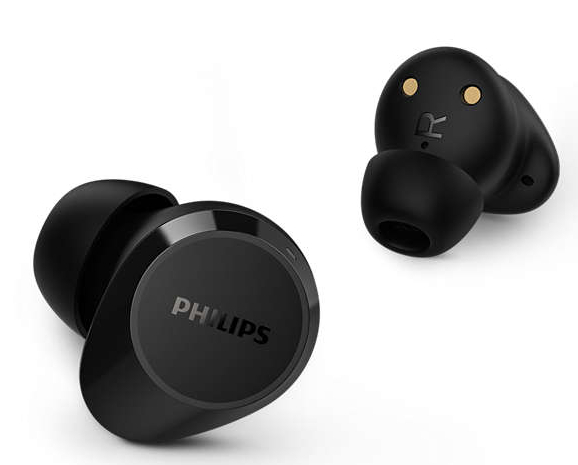 Dwa czarne bezprzewodowe słuchawki douszne, jeden skierowany w stronę kamery, drugi pod kątem.