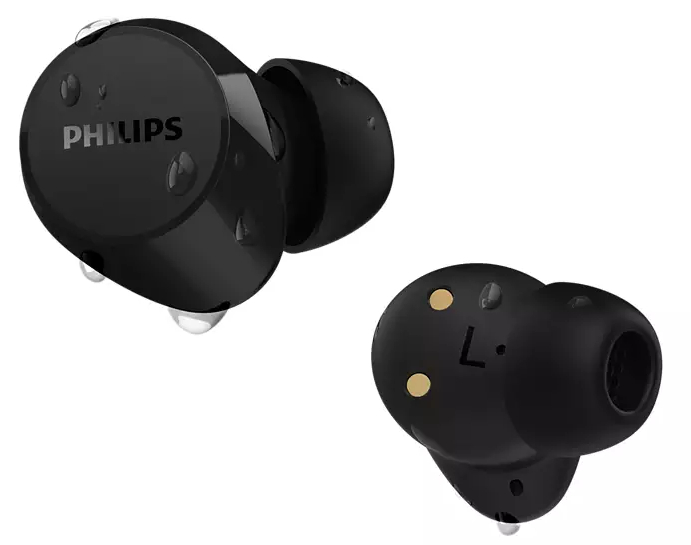 Dwa czarne słuchawki z kroplami wody. Jeden pokazuje 'L' dla lewego ucha i złote kropki.