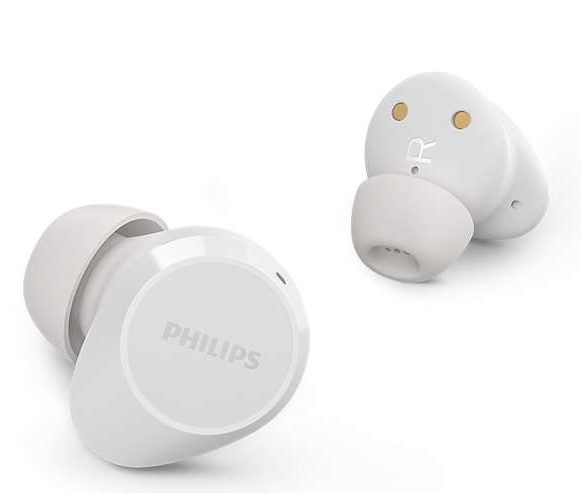 Dwa białe bezprzewodowe słuchawki douszne. Jeden jest otwarty, drugi pokazuje wnętrze.