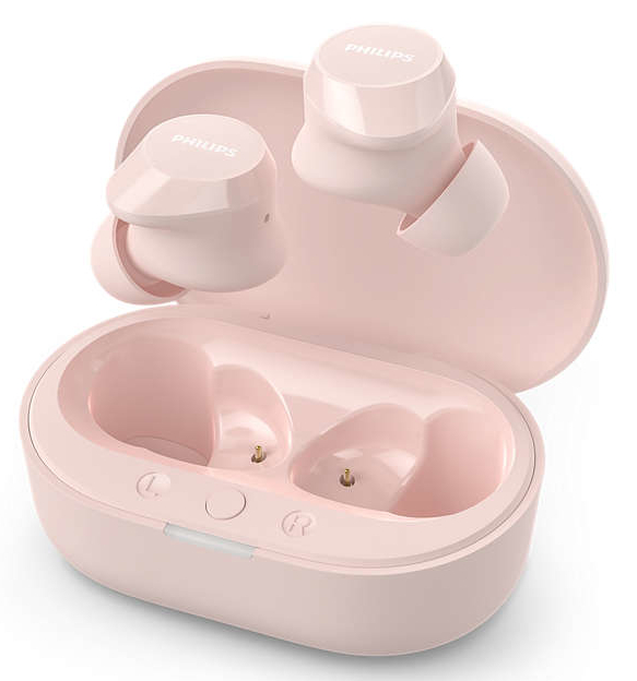 Różowe słuchawki Philips w etui ładującym. Etui jest otwarte, słuchawki są widoczne.