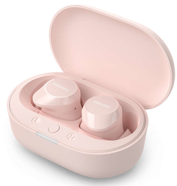 Różowe bezprzewodowe słuchawki douszne w różowym etui ładującym. Słuchawki są oznaczone PHILIPS.
