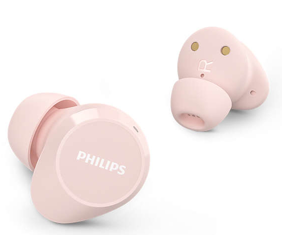 Różowe bezprzewodowe słuchawki, dwie sztuki, białe tło.