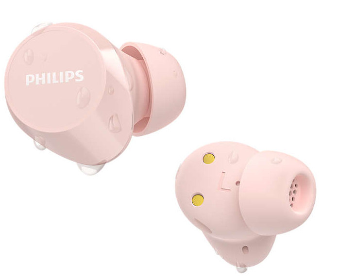 Dwa różowe bezprzewodowe słuchawki douszne, jeden z kroplami wody.