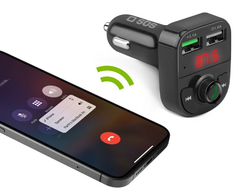 Nadajnik audio do samochodu z telefonem wyświetlającym interfejs połączenia po lewej stronie.