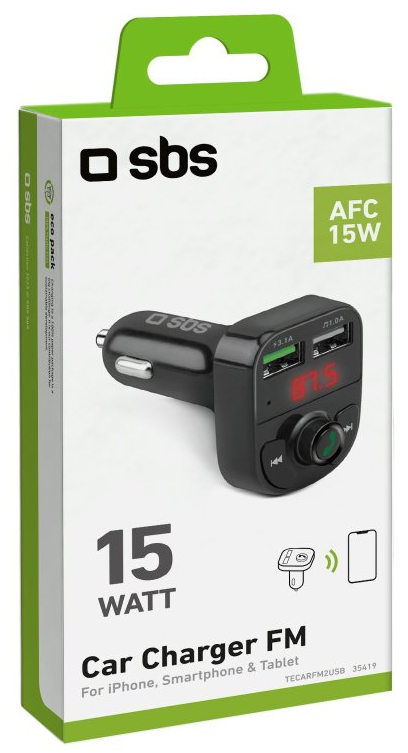 Nadajnik FM ładowarki samochodowej w opakowaniu, z tekstem i ikonami.