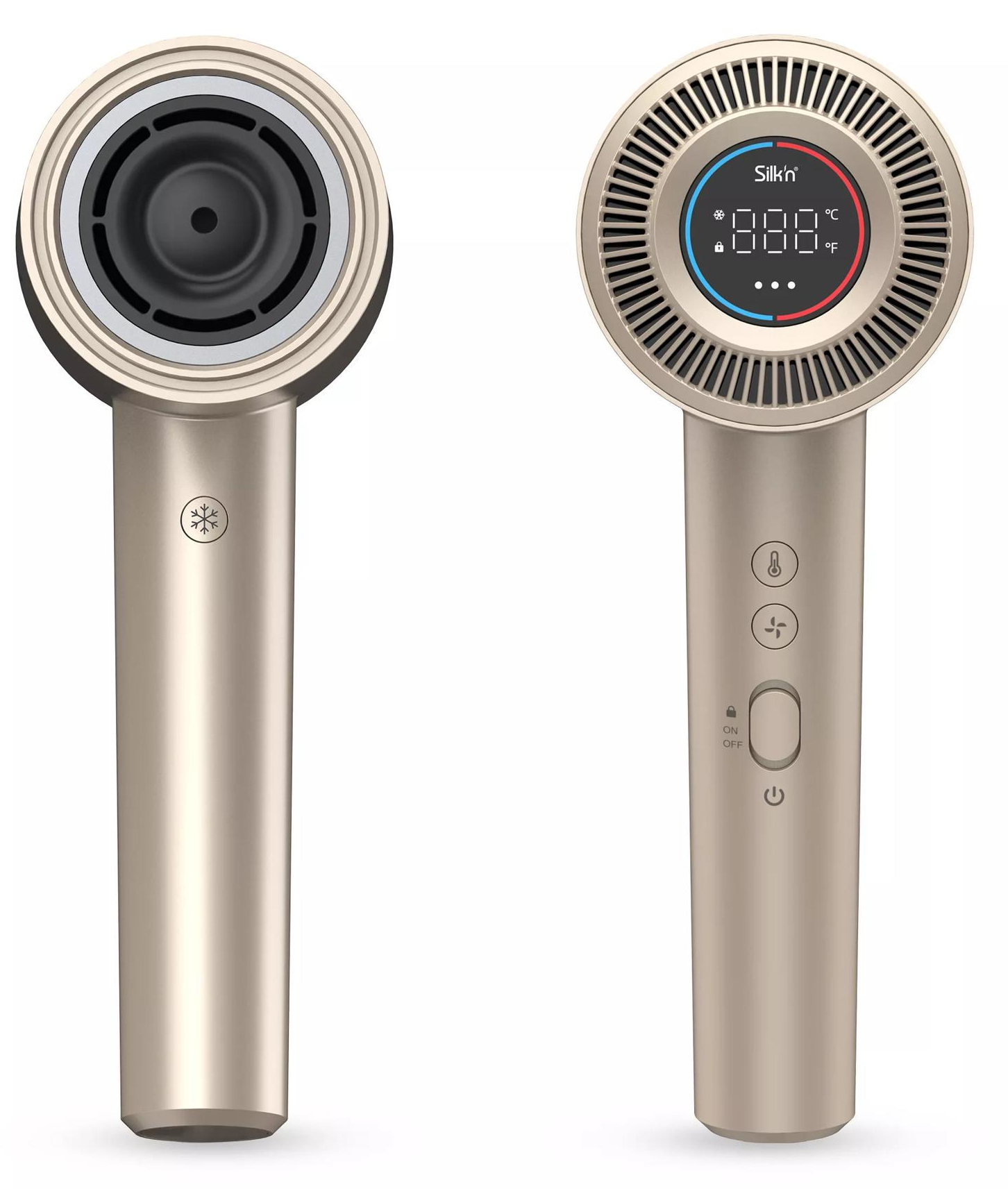 Dwie strony złotej suszarki do włosów. Jedna strona pokazuje dyszę, druga ma cyfrowy wyświetlacz.