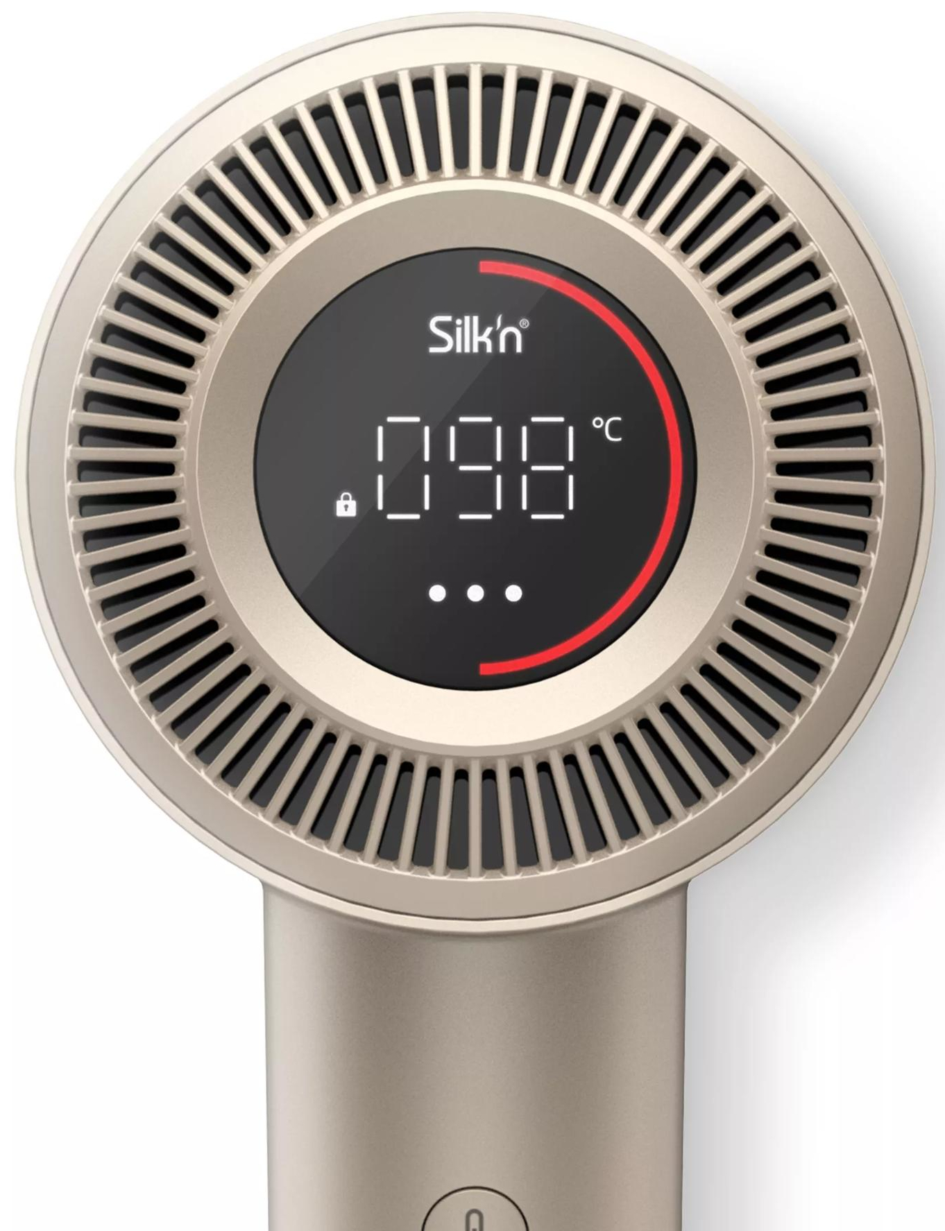 Złota suszarka do włosów z wyświetlaczem cyfrowym pokazującym 098 stopni Celsjusza. Marka Silk'n.