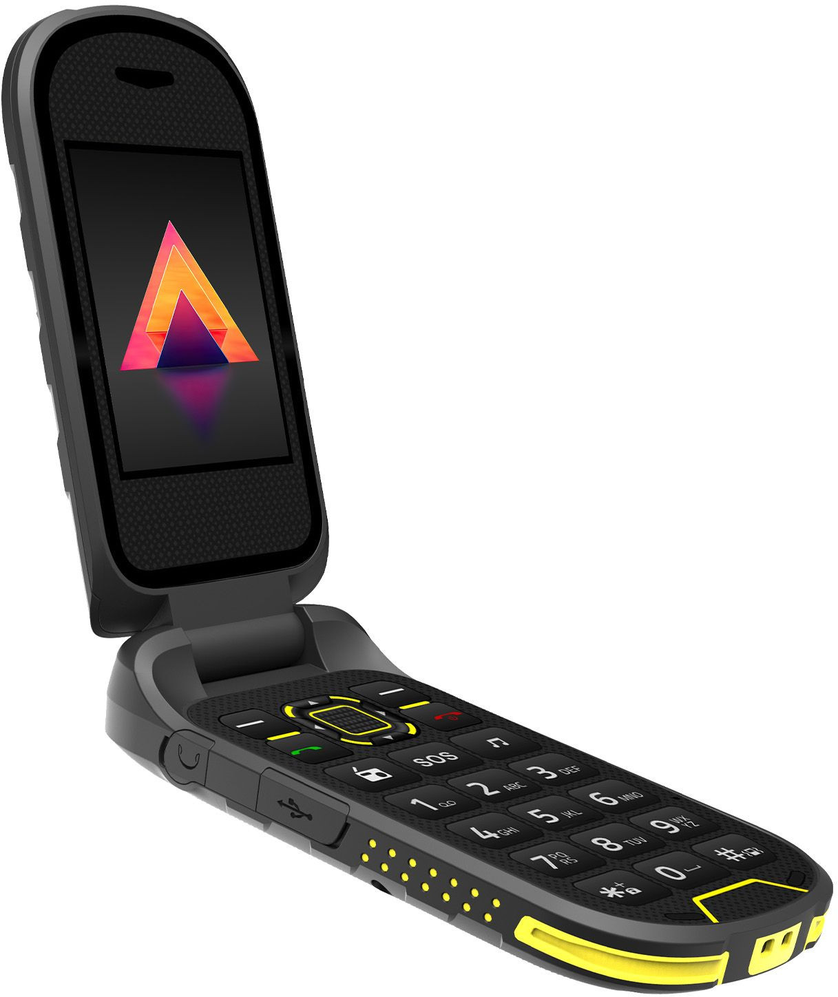 Czarny i żółty telefon z klapką, otwarty. Posiada ekran wyświetlający kolorowe logo i klawiaturę.