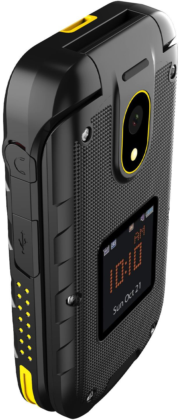 Czarno-żółty wytrzymały telefon z klapką, pokazujący ekran z godziną i datą.