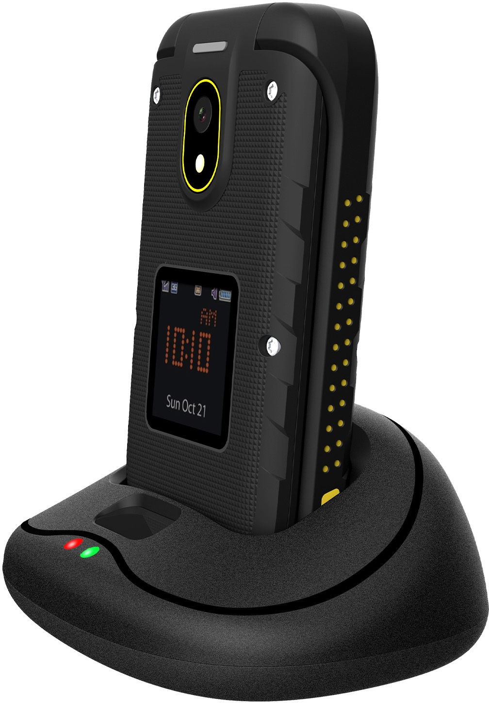 Czarny telefon z klapką w stacji ładującej, czerwone i zielone światła, czarne tło.