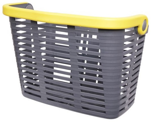 Szary kosz rowerowy z żółtą obręczą. Kosz wykonany jest z materiału przypominającego kratę.
