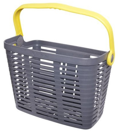 Szary koszyk rowerowy z żółtym uchwytem.