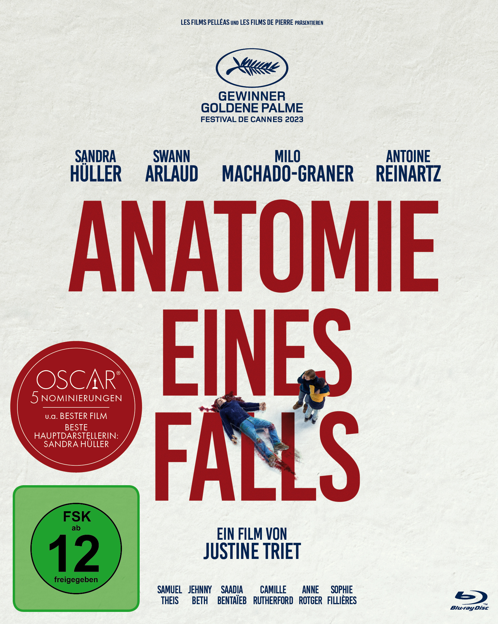DVD-Cover für 'Anatomie d'une Chute', Filmplakat mit rotem Text, stürzende Figuren dargestellt.