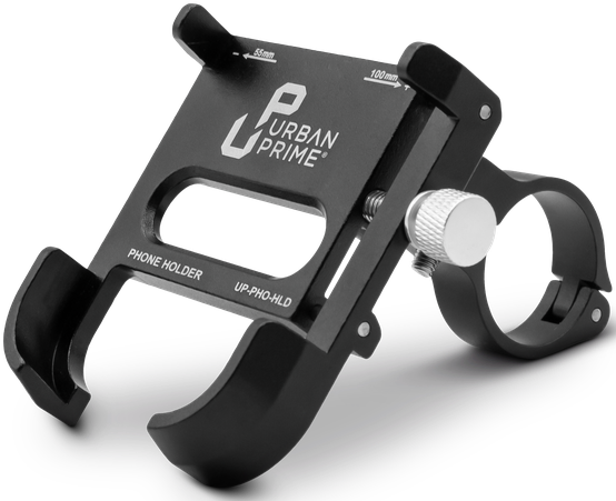 Een zwarte telefoonhouder voor een fiets, met de merknaam Urban Prime.