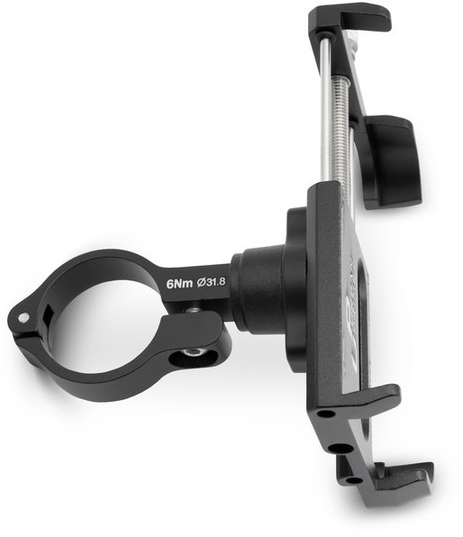 Een zwarte telefoonhouder voor de fiets met een klem en verstelbare arm.
