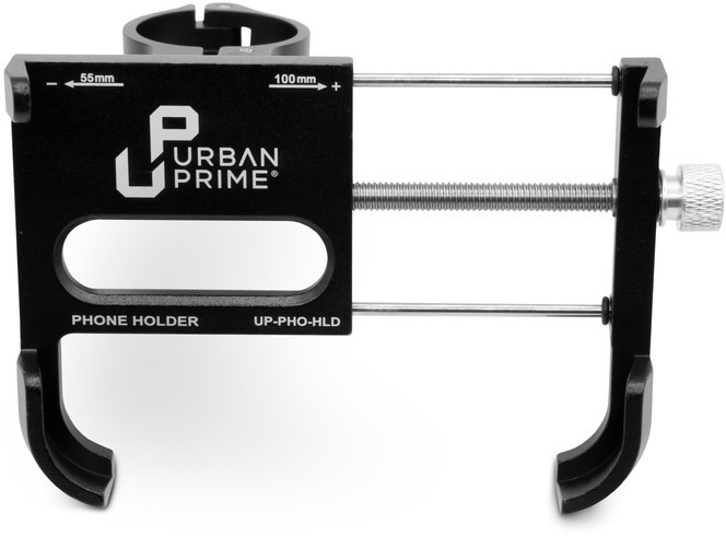 Zwarte telefoonhouder met het logo 'URBAN PRIME' en gelabelde afmetingen, witte achtergrond.