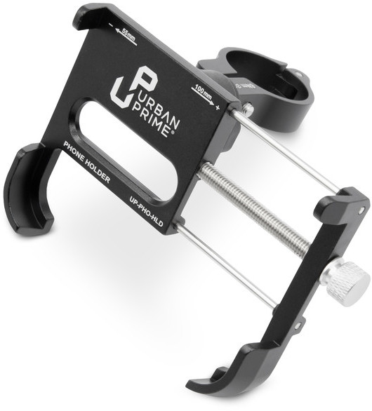 Zwarte telefoonhouder voor een fiets, met Urban Prime logo en zilveren schroef.