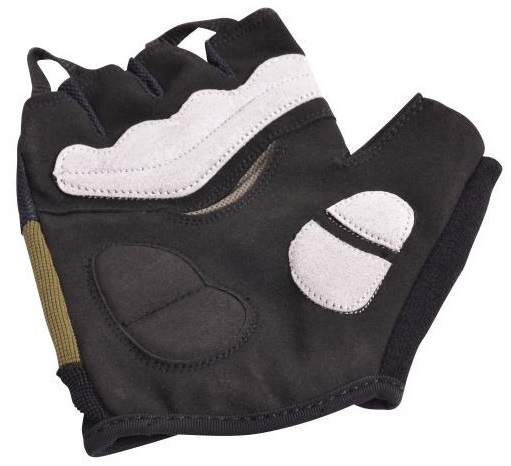 Rękawica bez palców z czarno-biało-oliwkowym wzorem. Jest wyizolowana na białym tle.