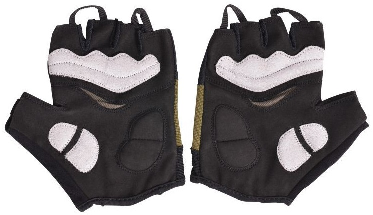 Dwie rękawice bez palców z czarno-biało-oliwkowym wzorem. Są wyizolowane na białym tle.