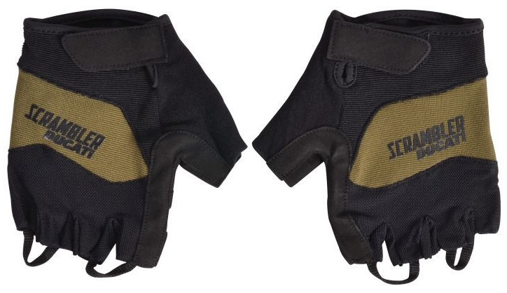 Dwie rękawice bez palców, czarne z oliwkowym paskiem i logo Scrambler Ducati. Wyizolowane na białym tle.