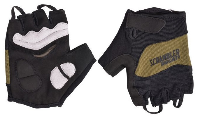 Dwie rękawice bez palców, jedna czarna z oliwkową zielenią i logo Scrambler Ducati. Wyizolowana na białym tle.