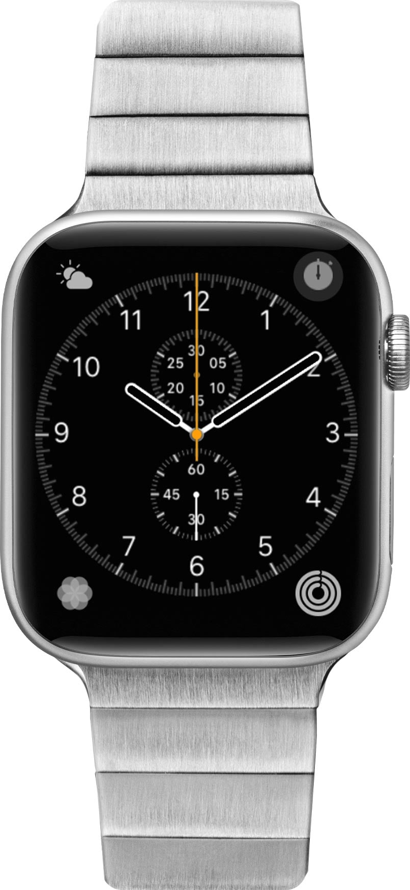 Apple Watch argentée avec un cadran noir, affichant l'heure et la date.