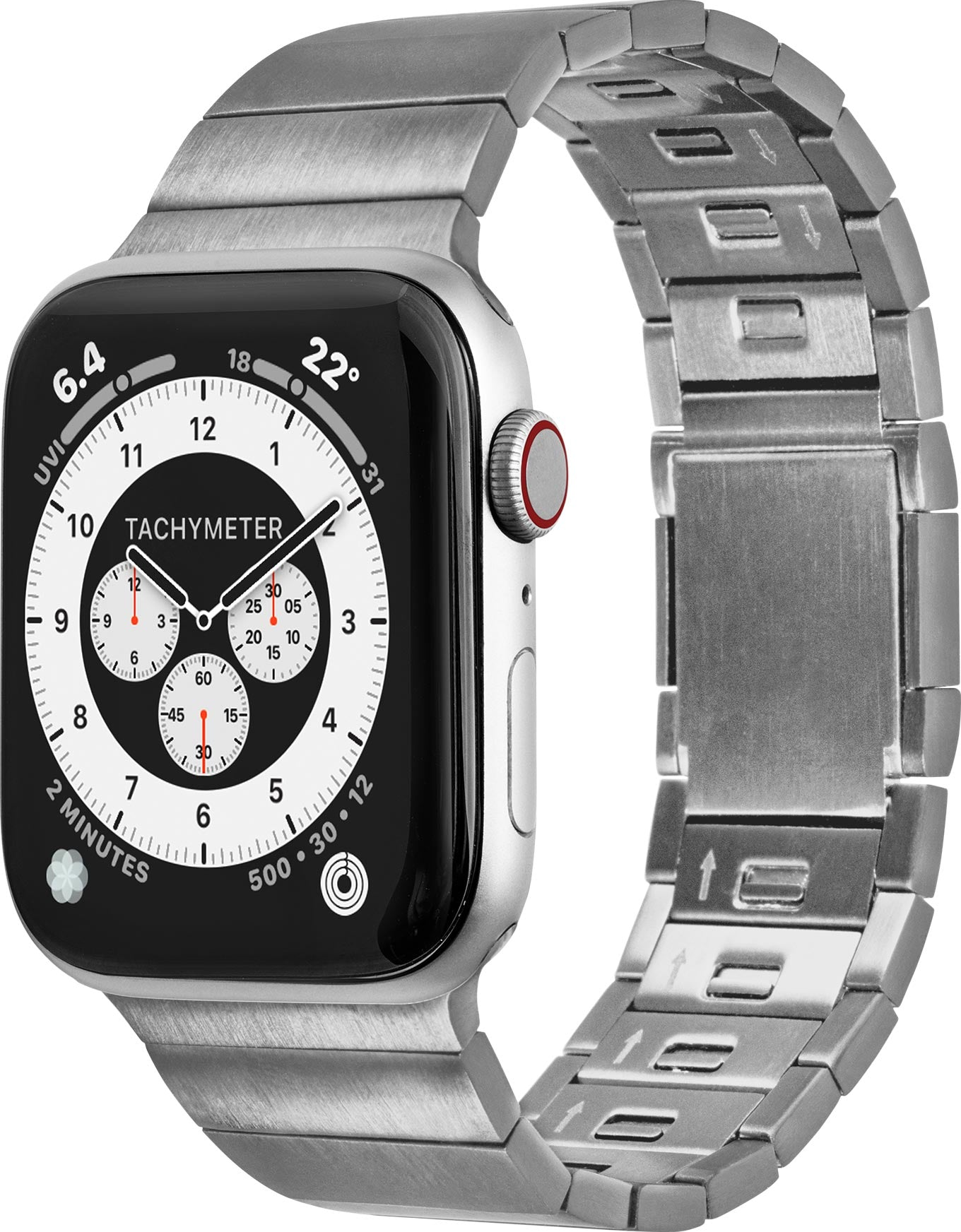Une Apple Watch avec un bracelet métallique, affichant un cadran et l'heure.