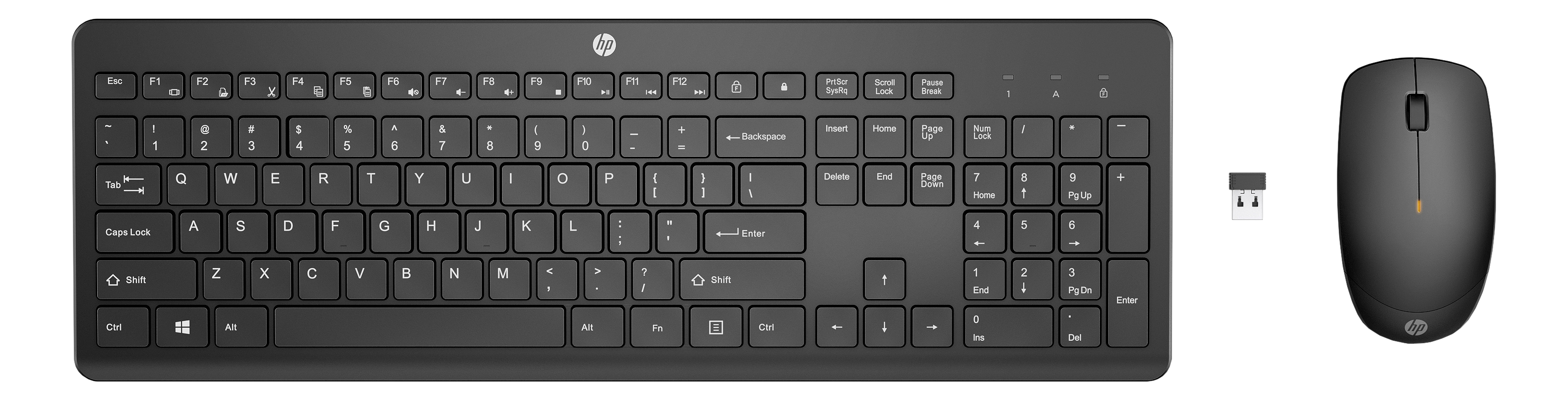Set tastiera e mouse wireless HP neri con ricevitore USB su sfondo nero.
