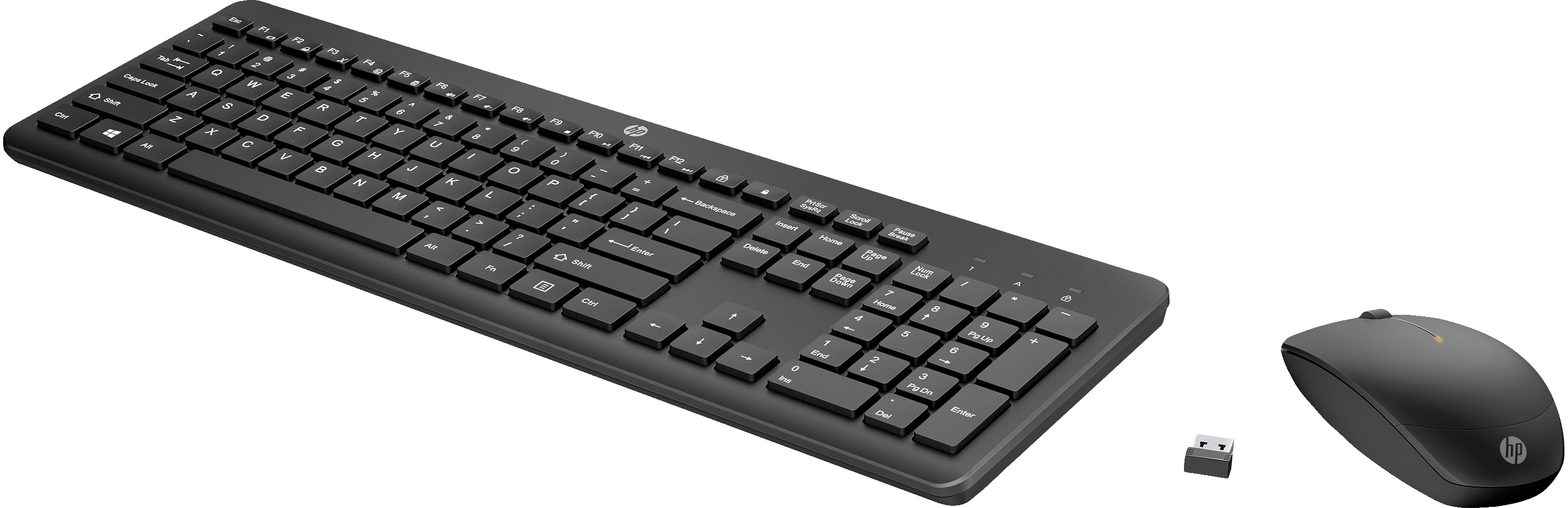 Una tastiera e un mouse neri con un ricevitore USB.